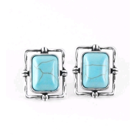 Paparazzi Jewelry "Center Stagecoach" Turquoise Silver Frame Earrings - Picture 2 of 8